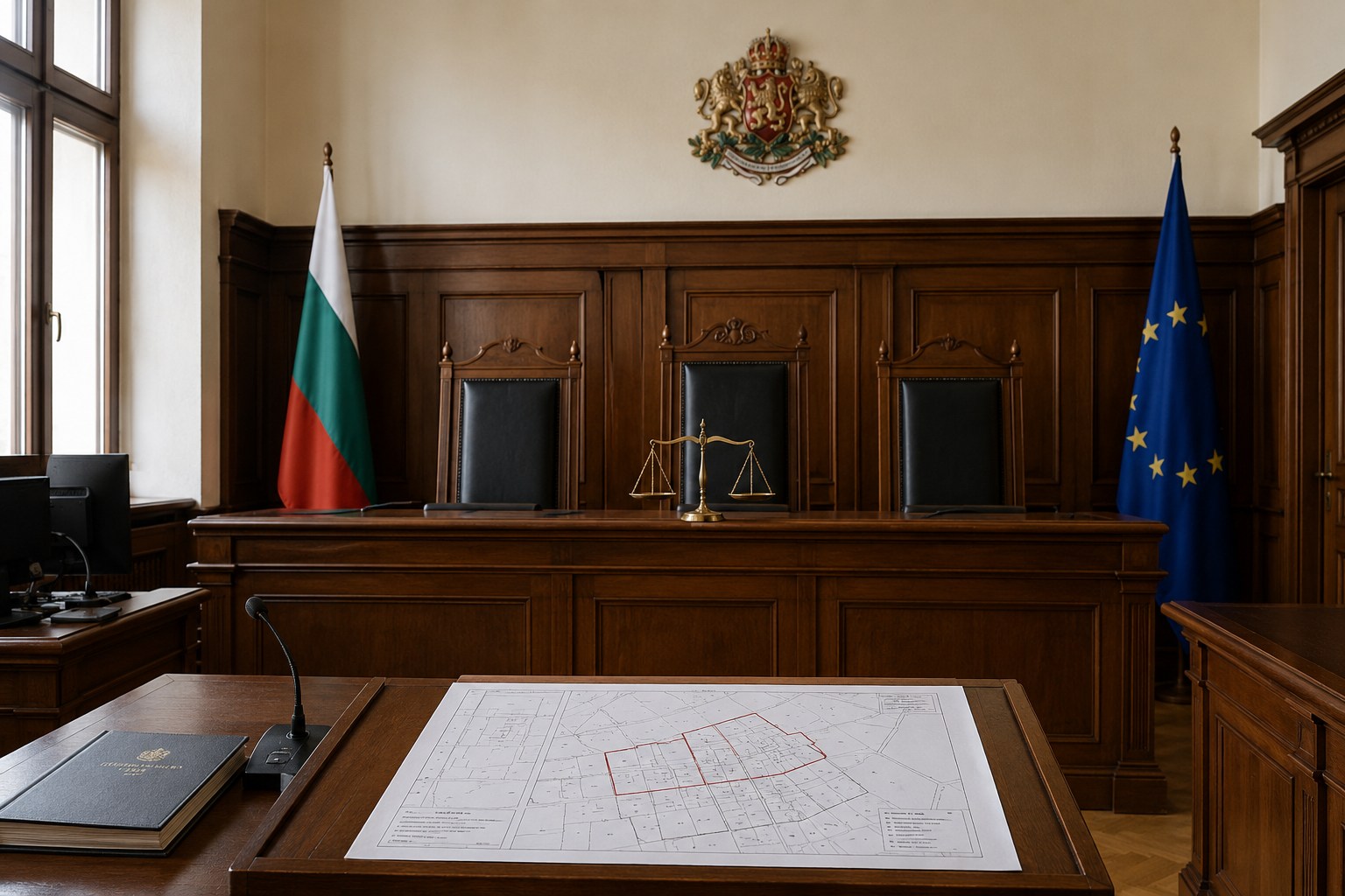Interior of a courtroom with wooden benches