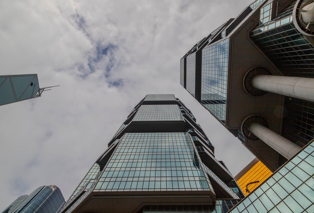 Glass office towers seen from below