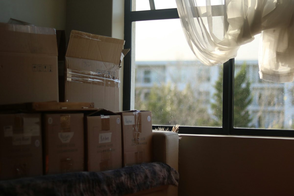 Moving boxes stacked by a sunlit window in a new home