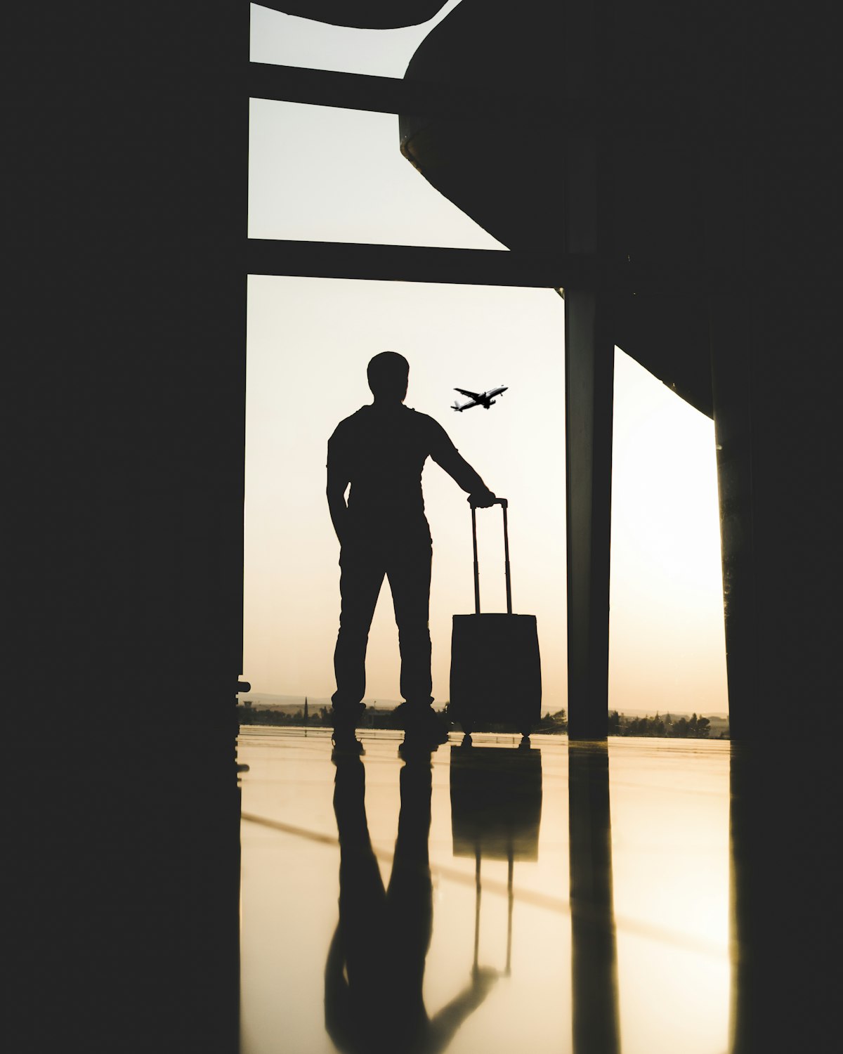 Silhouette of a traveller with luggage in an airport hall