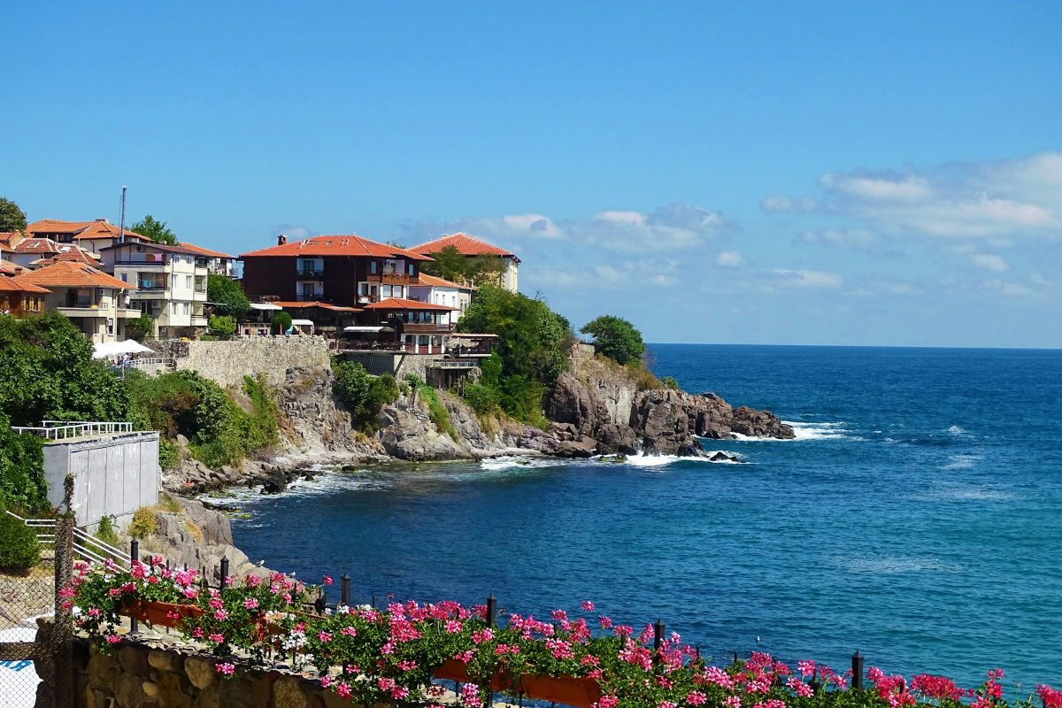 Red-roofed houses on the rocky coast of Sozopol above the Black Sea, with flowers in the foreground